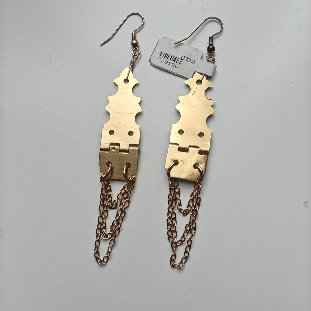 Gold Hinge Chain Link Industrial  Dangle Statement Earrings Long Dangle Metallic